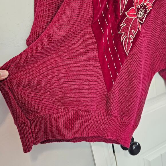 Vintage 80s Sweater Womens Medium Red Floral Glam Rock Knit Embellished Cottage - Picture 7 of 10